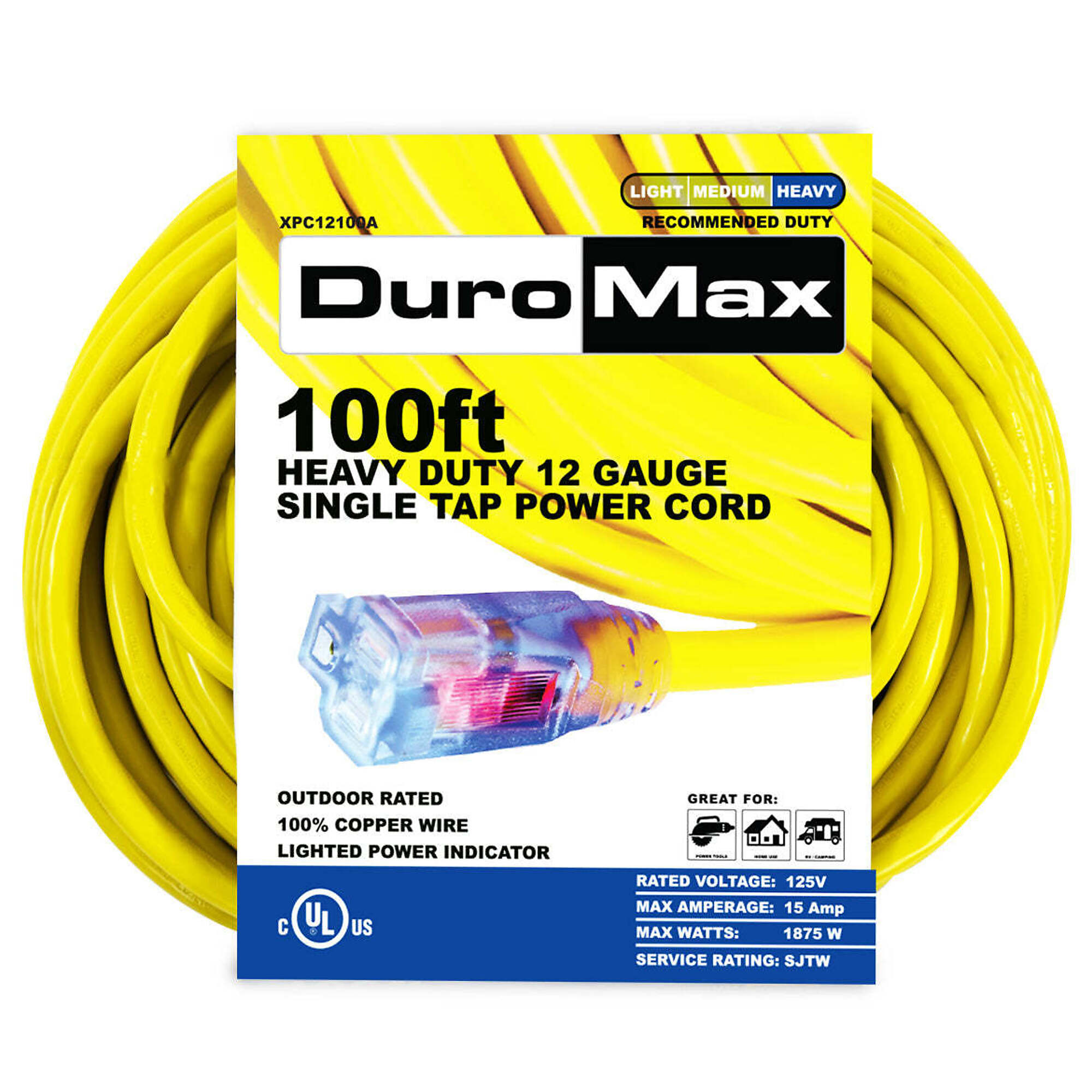 DuroMax, 100ft. 12 Gauge Single Tap Extension Cord, Amps 15 Cord Length 100 ft, Max. Volts 120 Model# XPC12100A